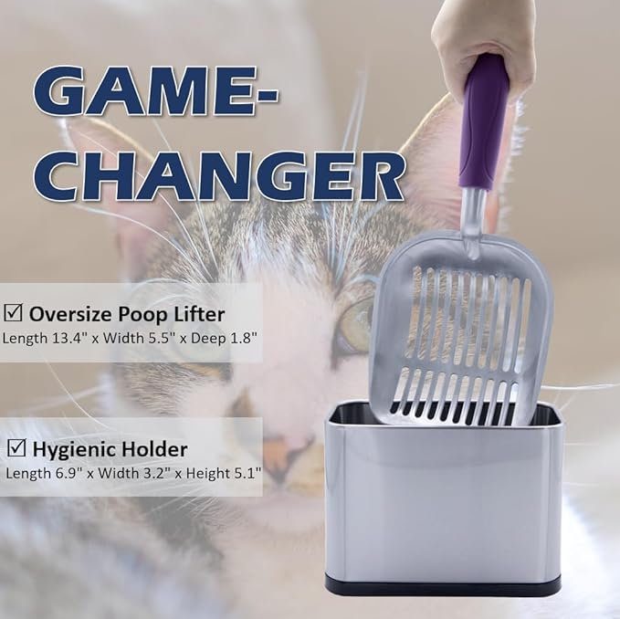 Metal Heavy Duty Cat Litter Scoop with Holder, Stainless Steel Kitty Litter Scooper Caddy for Litter Box, Aluminum Speed Sifter with Non-Slip Handle