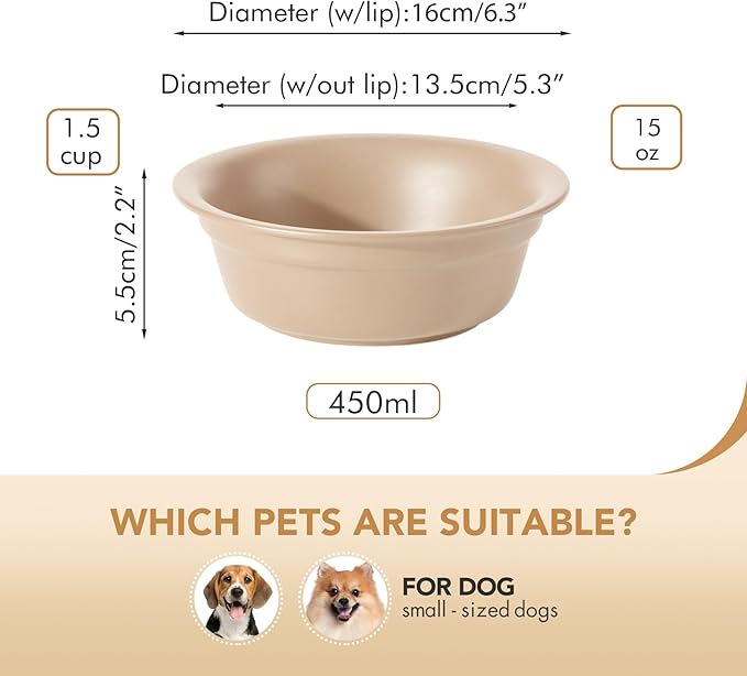 Ceramic 6.3inch Set of 2 Dog Bowls, 2pcs Basic 1.5 Cup Food or 15 oz Water Dishes for Small Dogs, Wide Opening Rounded Edge (2 Bowls, Oat Beige)