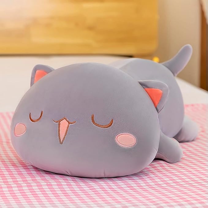 FUYU Cat Stuffed Animals, Soft Cat Plush Pillow Kawaii Kitten Stuffed Animal Toy Gifts for Kids Boys Girls Room Decor (Gray Squinted,35in/87)