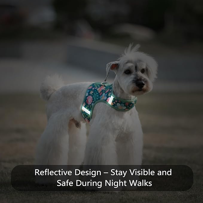 Dog Harness for Small Sized Dog,Hook-and-Loop Easy On/Off, Reflective Adjustable Soft Mesh Vest for Puppy (Green Floral Print,L)