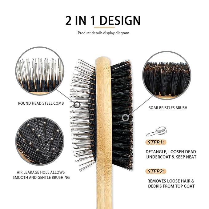 Double-Sided Pet Grooming Brush - Boar Bristle and Pin Brush for Long/Short Hair Dogs and Cats, Bamboo Handle, 1 Pack
