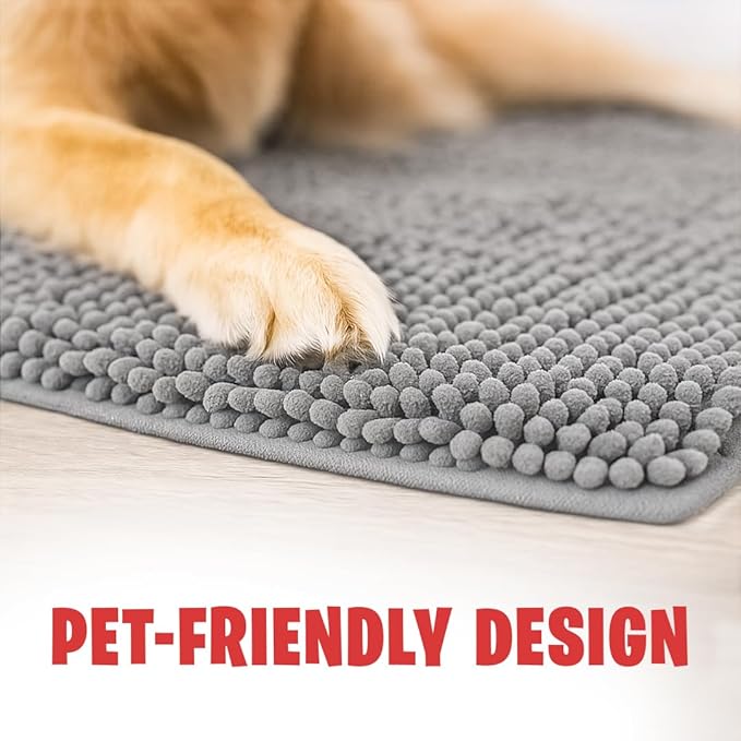 MudGuard Mat™ Dog Door Mat for Muddy Paws, Super Absorbent Microfiber, Non-Slip Indoor Mat, Quick Dry Chenille Mud Mat for Dogs & Entryway, Washable, Grey 36" x 60"