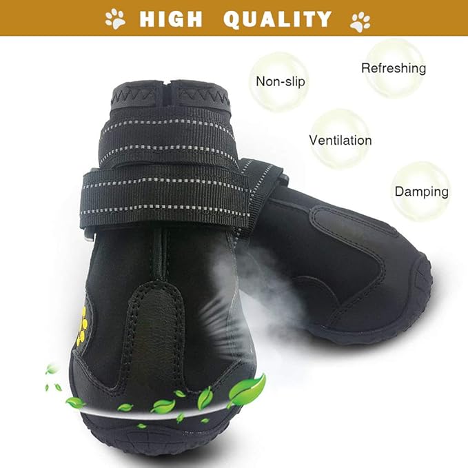 PK.ZTopia Waterproof Dog Boots, Dog Outdoor Shoes for Medium to Large Dogs with Two Reflective Fastening Straps and Rugged Anti-Slip Sole (Black 4PCS).