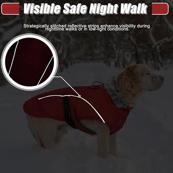 DENTRUN Winter Warm Dog Coat Reflective Jacket with Turtleneck for Cold Weather, Adjustable Buckle Windproof Water Repellent, Thick Snowsuit Fleece Vest for Small, Medium, Large Dogs, Red, M