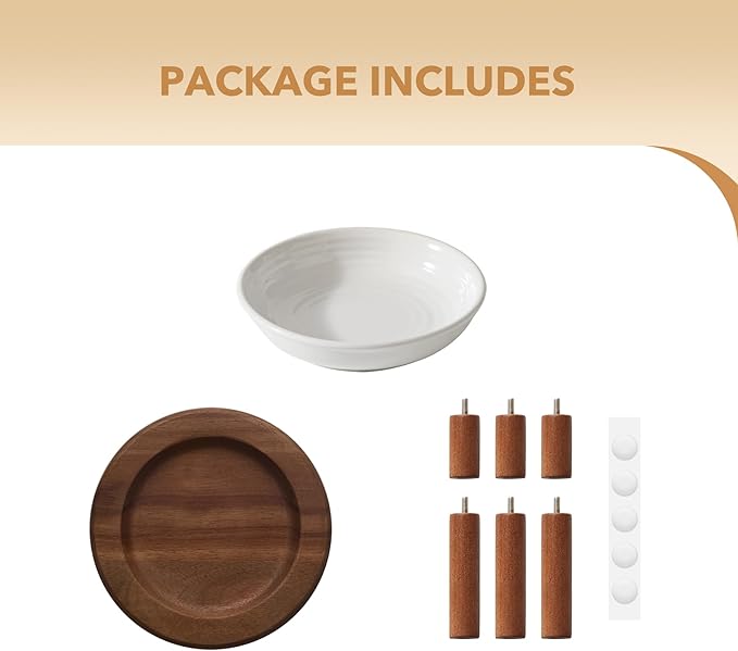 Elevated Ceramic Cat Dish, Wide Whisker Friendly Anti-Slip Food & Water Bowl with 2 Heights Adjustable Acacia Wooden Stand - Pet Bowl Set for Cats (1 Dish + 1 Stand, White)