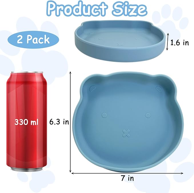 Silicone Cat Food Bowl Suction Cup Cat Dish 7" Shallow Cats Food & Water Bowls Set of 2 Non-Slip Kitty Plates Relief Whisker Fatigue Puppy Feeding Bowl for Dry & Wet Food (Blue)