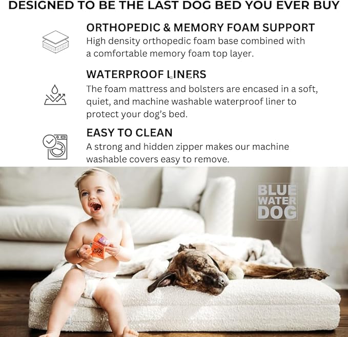 Luxury Boucle Orthopedic Memory Foam Dog Bed with Waterproof Liner and Machine Washable Cover with YKK Zippers (X-Large, 61" L x 44" W x 7" Th, Sand)