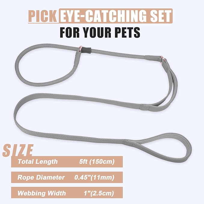 Slip Lead Dog Leash, Double Handle, Soft Leather, Heavy Duty Nylon, No Pull Walking, Grey, 5ft