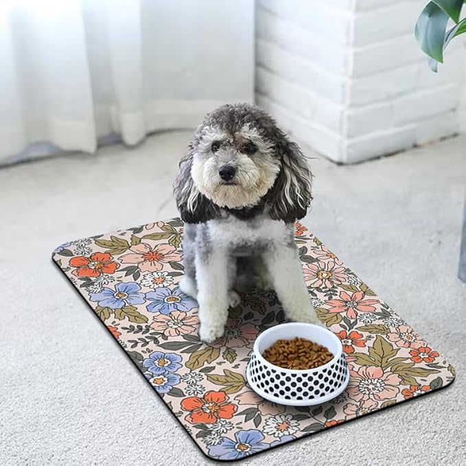 Dog Food Mats for Floors Waterproof, Cat Water Bowl Mats Pet Feeding Absorbent Placemats Flower 24 * 32 inch