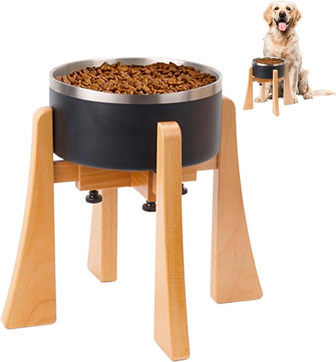 Beech Dog Bowl Stand for Medium Large Dogs,Elevated Feeder Large Breeds,Raised Bowl Stand，Adjustable Width for Different Bowls,Feeding Station with Non-Slip Feet (10-inch High with Bowl)