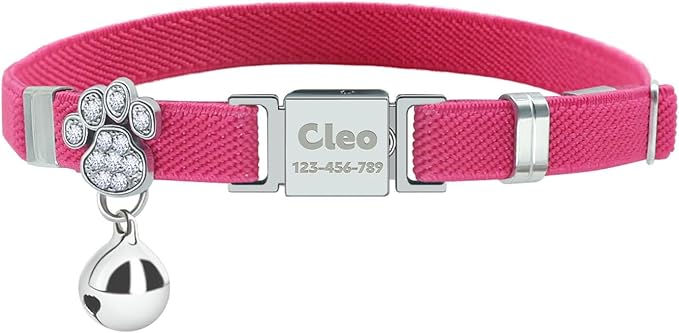 Personalized Safety Elastic Cat Collars with Bell,Laser Customized Stretch Kitten Collars for Girls Boys Cats-Rose red