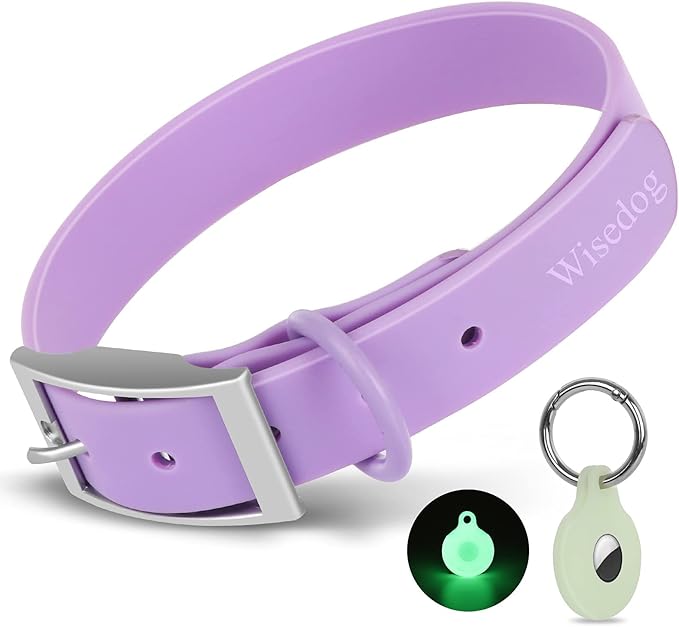 Wisedog Waterproof Dog Collar, Adjustable Soft Rubber Coated Webbing, Odor-Proof and Easy to Clean for Small Medium Large Dogs, with Airtags Case(XL|18"-23.6" × 1 in, Lilac)