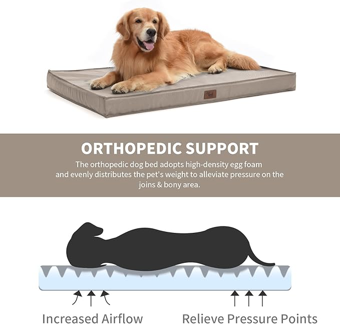 Outdoor Dog Bed for Small Dogs, Waterproof Dog Crate Bed for Medium Dogs Cats, Orthopedic Egg Crate Foam Pet Bed with Washable Removable Oxford Cover, Khaki