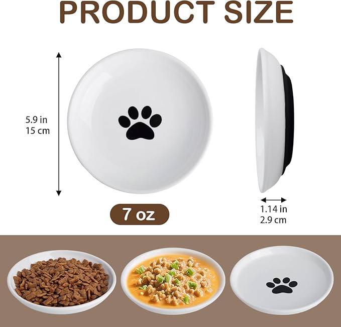 Cat Food Bowl Set of 3, Ceramic Cat Bowls, Anti Whisker Fatigue Cats Bowl Set,5.9 Inches Shallow Wide Kitten Plates with Silicone Base for Wet/Dry Food, Indoor Pets(Paw)