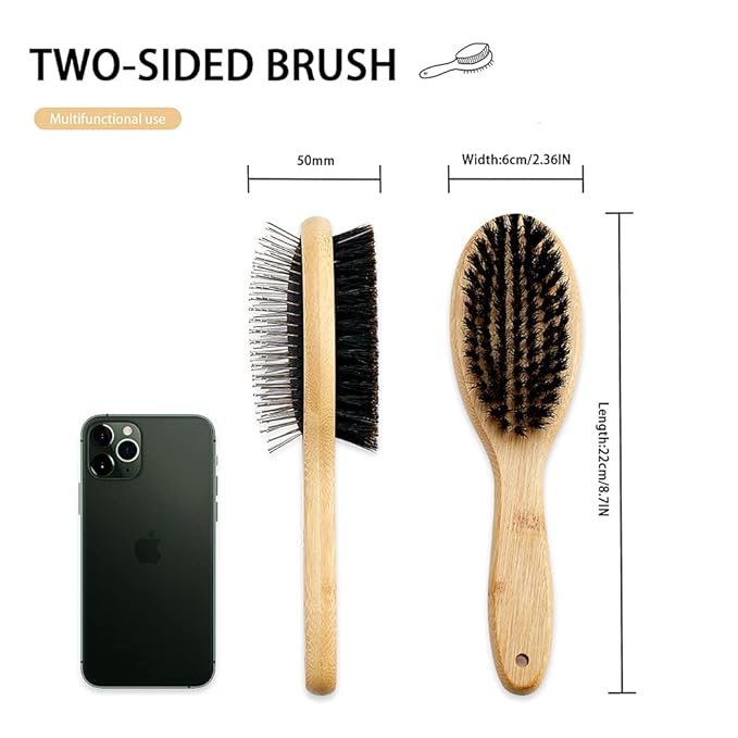 Double Sided Dog and Cat Brush - Bristle and Pin Pet Grooming Tool With Real Boar Bristles and Bamboo Handle for Long Short Hair - 2 Pack Comb, 1 Nail Clipper