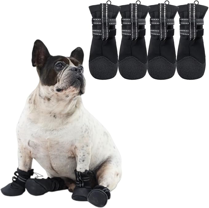 Small Dog Winter Booties, Waterproof & Anti-Slip, Breathable & Reflective, Dog Boots & Paw Protection for Winter Snow, Summer Hot Pavement, 4Pcs All-Weather Shoes for Outdoor, Size S, Black