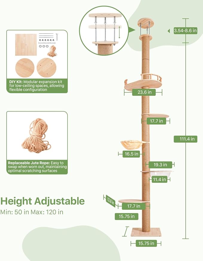 Floor to Ceiling Cat Tree, Adjustable Height (50-120in), 5 Level Tall Cat Tree Tower, Cats Activity Center with Scratching Post, Jump Platform, Hammock & Capsule, Space-Saving Design for Indoor Cats