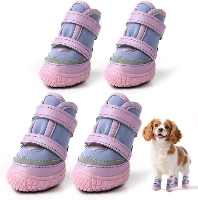 Dog Shoes for Small Dogs, Breathable Dog Boots Paw Protector for Hot Pavement Winter Snow, Dog Booties with Reflective Strips Rugged Anti-Slip Sole for Hardwood Floors Outdoor Walking Purple Size 3
