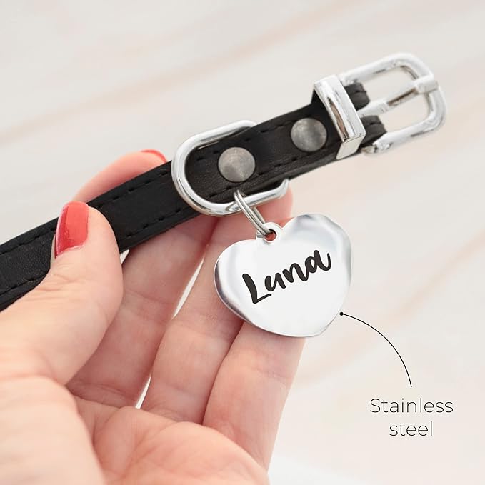 Custom Heart Shape Pet Tag ID, Personalized Stainless Steel Cute Shiny Bling Safety Lost Collar Tag for Boy & Girl Dogs Puppies Cats with Ring Laser Engraved SOS customizable with Name, Phone, Address