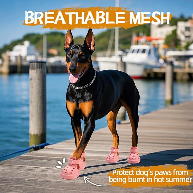 JZXOIVA Dog Shoes for Hot Pavement, Dog Booties for Medium Dogs, Breathable Dog Boots & Paw Protectors, Adjustable Non-Slip Rain Booties, Waterproof Pets Sandals for Beach Pink Size 6