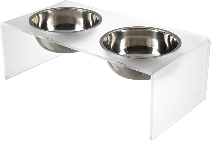 The LICKER Store DBL2001K Keaton 7.5" Medium/Large Modern Acrylic Rectangular Elevated Pet Feeder with 54oz 2-Stainless Steel Bowls, Moon White/Chrome