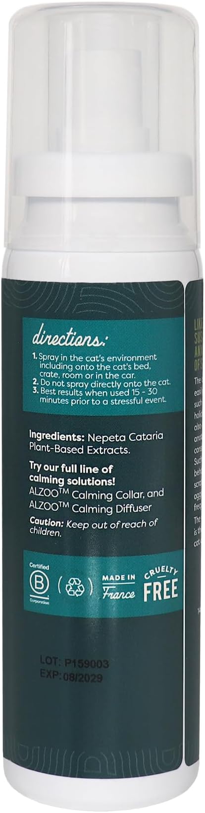 ALZOO Cat Calming Spray - Natural Plant Based Stress & Anxiety Relief, Valerian & Lavadin Blend, No Synthetic Pheromones, Stress and Anxiety Relief During Travel, Vet, Fireworks, Separation