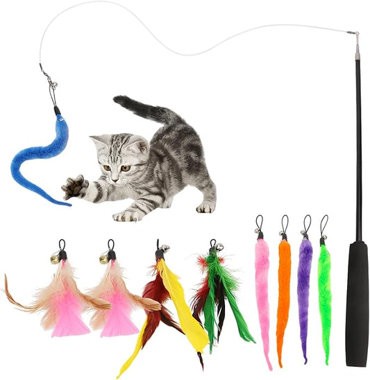 Hypeety Cat Toys for Indoor Cats Interactive Retractable Fishing Pole Wand with Refills Feathers Cat Teaser Wand with Feathers Cute and Funny Cat Toy Wand for Playtime Chase and Exercise 10PCS