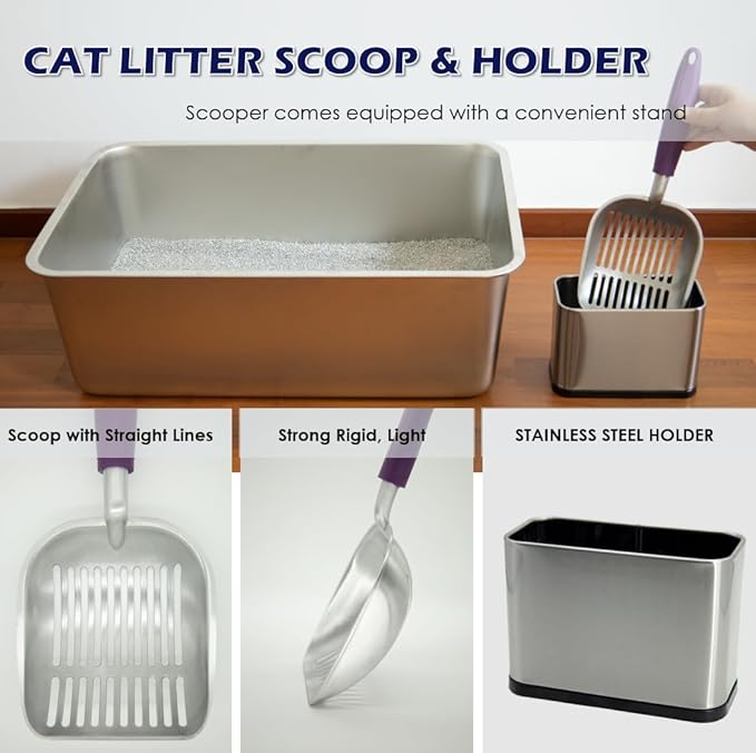 Metal Heavy Duty Cat Litter Scoop with Holder, Stainless Steel Kitty Litter Scooper Caddy for Litter Box, Aluminum Speed Sifter with Non-Slip Handle