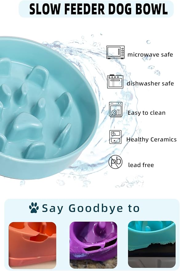 HAOTOP Ceramic Fun Slow Feeder Bowl, Porcelain Slow Eater Bowl for Medium Sized Dogs (Turquoise)