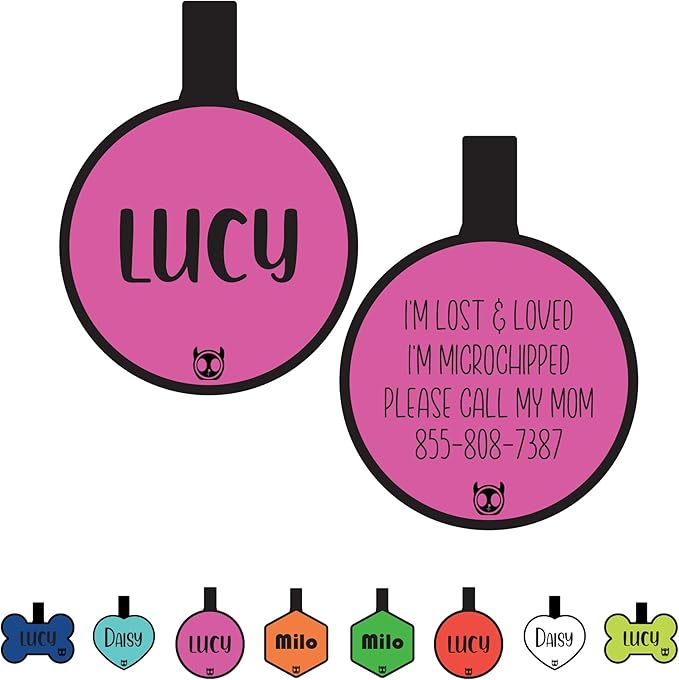 Silicone Silent Dog Tag Personalized with 5 Lines of Custom Deep Engraved Durable Soundless Pet ID Name Tag Round Pink