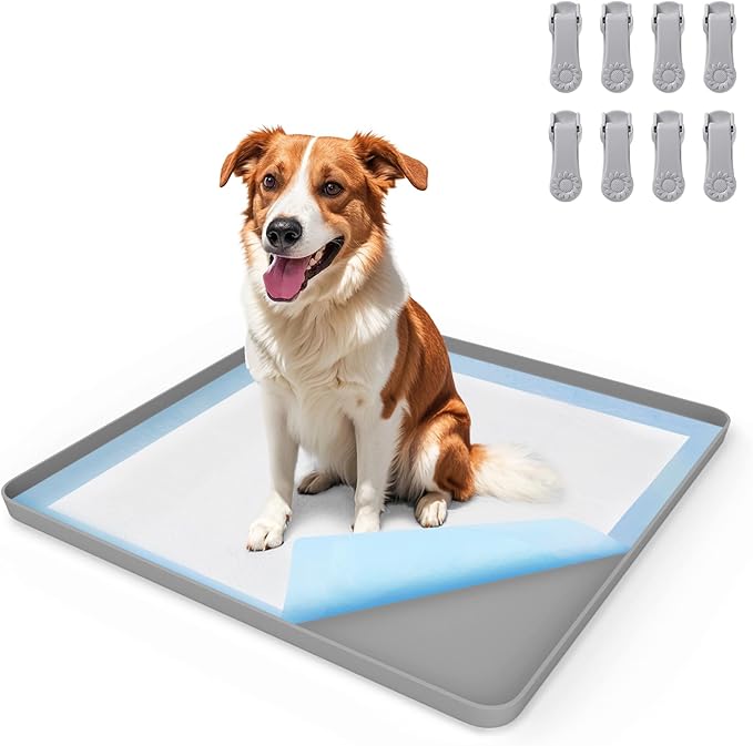 Pee Pad Holder for Dog, 24" × 24" Puppy Pad Holder with Clamps, Raised Edges Leak-Proof Dog Pee Pads Holders, Waterproof Silicone Potty Pads for Dogs, Easy to Clean Indoor, Gray