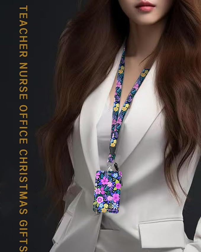 ID Badge Holder with Retractable and Detachable Lanyard, Cute Badge Reel Breakaway Lanyard with Carabiner Clip for Women, Teachers, Nurses, Students, Perfect Work and Office(Flower Purple)