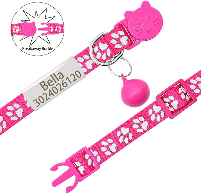 Personalized 2 Pack Reflective Cat Collar,Custom Breakaway Cat Collars with Name Tag and Bell,Anti-Lost Nameplate Cat Collar for Girls & Boys (Hot Pink,fit 8''-11.0'')