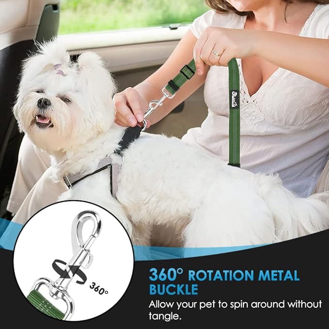 SlowTon Dog Seat Belt for Car, 2 Pack Dog Car Harness Seatbelt Adjustable with Elastic Bungee Buffer, 2 in 1 Pet Car Leash Headrest Restraint Dog Reflective Safety Tether (Green, Headrest+Clip)