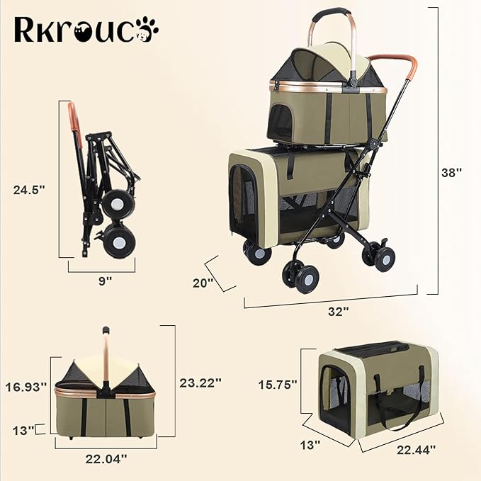 Foldable Double Pets Stroller for Dog Portable Cat Strollers for Small Medium Pet with Detachable Carriers Flexible Lockable Wheels Lightweight Dogs Jogger Strolling Cart Up to 77Lbs (Green)