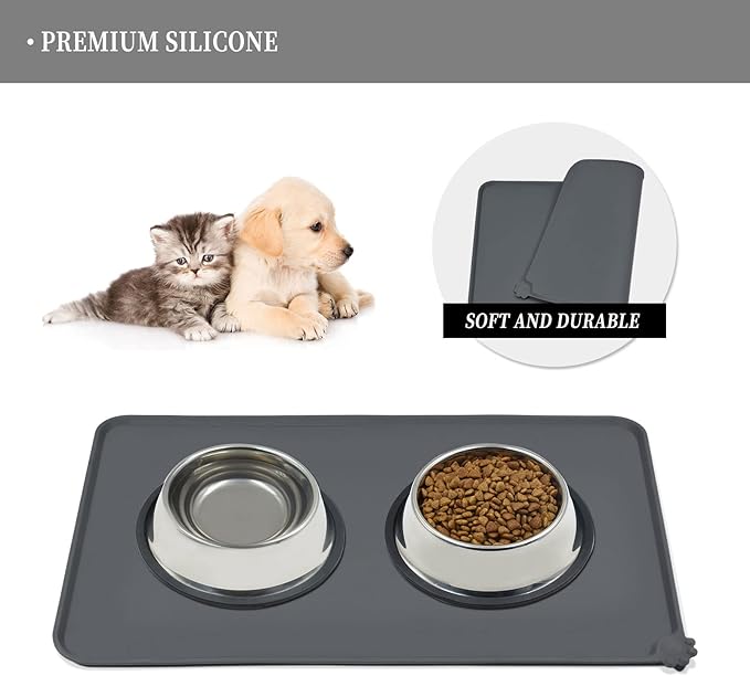 Reopet Waterproof Pet Feeding Mat with High Raised Edges, Heavier and Thicker Placemats for Cat Dog Water Bowl with BPA Free, Dogs Cats Food Mats for Messy Drinkers to Prevent Spill and Protect Floors