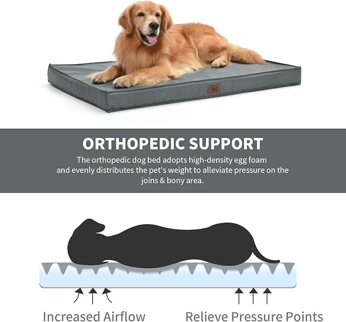 Outdoor Extra Large Dog Crate Bed, XXL Waterproof Dog Bed for Giant Breeds Dogs, 47x29 Inch Orthopedic Egg Crate Foam Pet Mat with Removable Cooling Cover, Grey