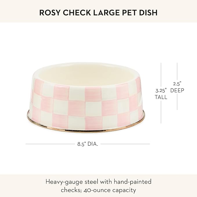 MACKENZIE-CHILDS Enamel Pet Bowl, Cute Cat and Dog Bowl for Food and Water, Large, Pink-and-White Rosy Check