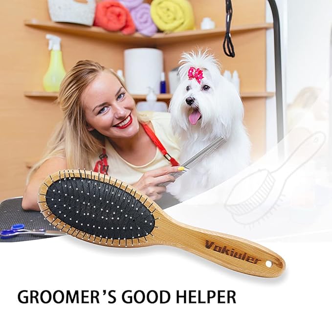 Double Sided Dog and Cat Brush - Bristle and Pin Pet Grooming Tool With Real Boar Bristles and Bamboo Handle for Long Short Hair - 2 Pack Comb, 1 Nail Clipper