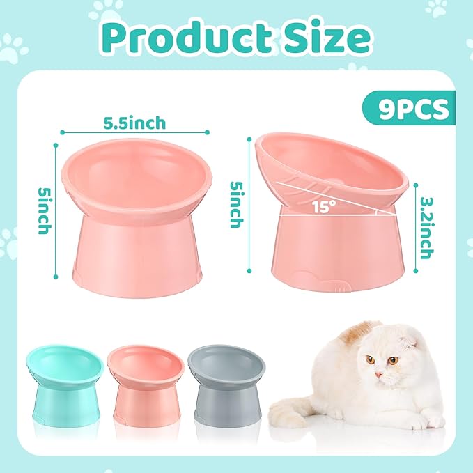 9 Pcs Plastic Raised Cat Bowls Bulk Elevated Tilted Dishes 15 Degrees Tilted Anti Vomiting Friendly Food Water Feeder Pet Slanted Stand Bowl for Indoor Cat Small Dog Shelter