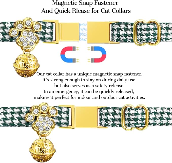 Personalized Breakaway Cat Collars - Magnetic Buckle, Bell - Safety Quick Release, Customized for Girls & Boys Cats- (Houndstooth-Green)