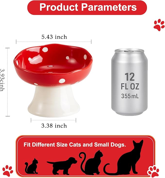 Ceramic Elevated Cat Bowls, Tilted Raised Pet Dish Anti Vomit Kitten Bowl for Indoor Cats, Whisker Friendly Pet Food and Water Bowl for Kitten, Cat, Puppies, Dishwasher Safe (Red+Orange)