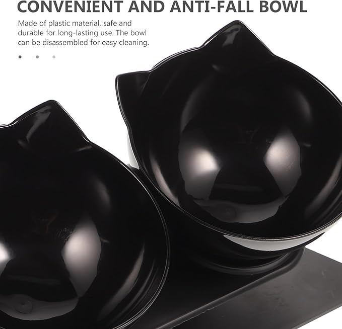 BESPORTBLE Double Raised Dog Feeder Bowl with 15° Neck Guard, Black Plastic Dual Pet Feeding Bowls for Cats and Dogs, Elevated Water and Food Dish for Home Use