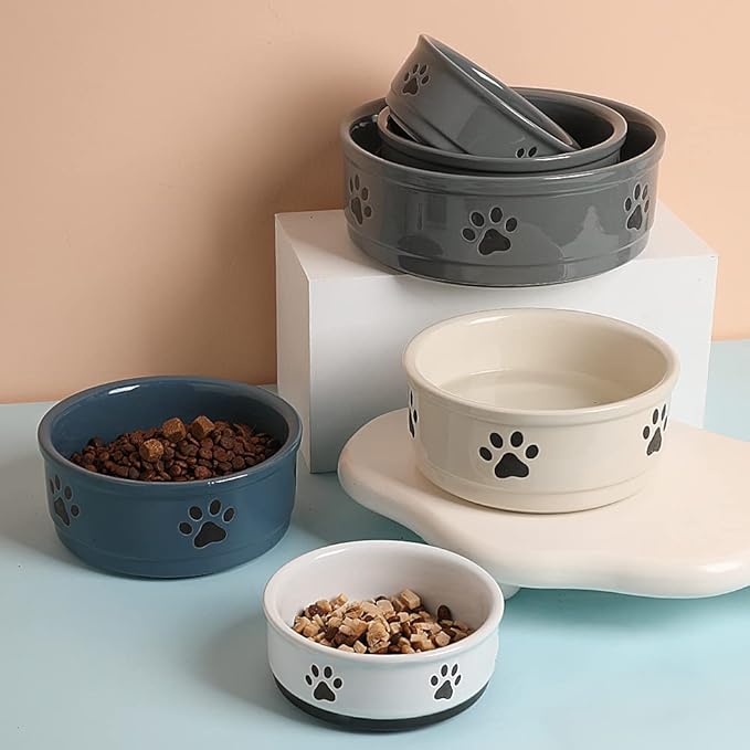 Sweejar Ceramic Dog Bowls with Paw Pattern, Dog Food Dish for Large Dogs, Porcelain Pet Bowl for Water 70 Fl Oz (Beige)