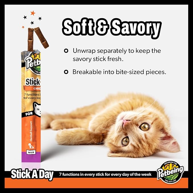 PETBEING Stick a Day Cats | Specially Formulated 7-in-1 Functions Daily Real Meat Supplement for Cats | Cat Chew Stick & Pet Vitamins Supplements Combination (7-Pack x 4, Chicken)