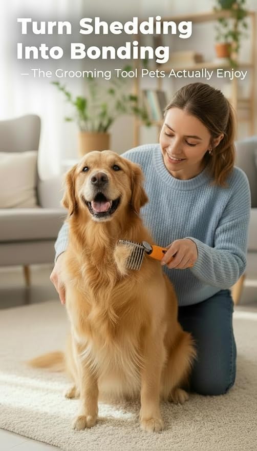 Poodle Dematting Fur Rake Comb Brush for Dogs and Cats - Long 2.5" Steel Safety Blades Metal Comb for Detangling Matted or Knotted Undercoat Hair (Orange)