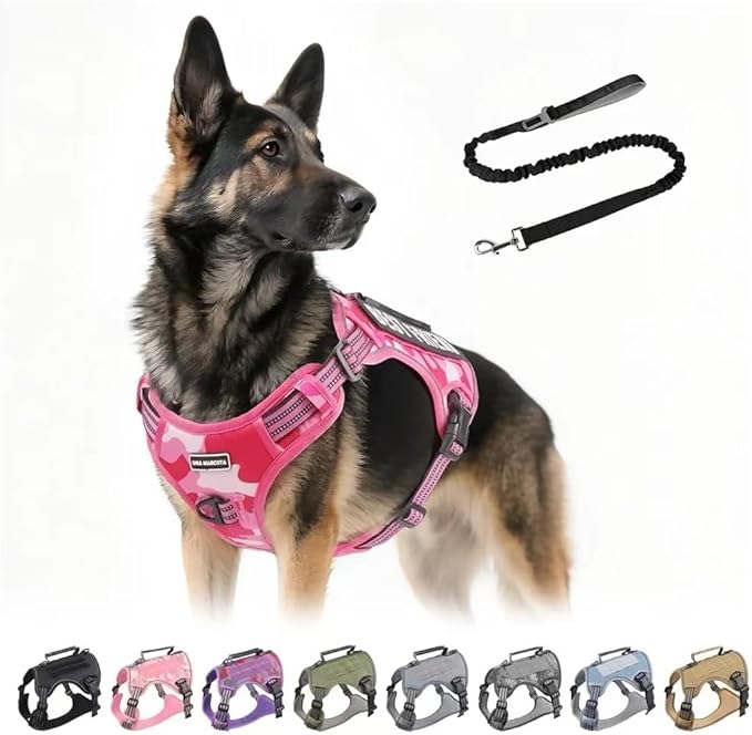 Tactical Dog Harness with Leash for Large Dogs, No Pull Adjustable Dog Harness, Reflective K9 Working Pet Vest for Walking, Training (Fuchsia Camo, XL)