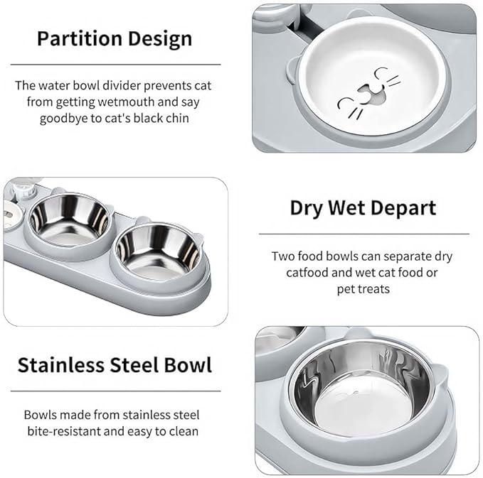 Marchul 3 in 1 Cat Bowl, Cat Food and Water Bowl Set with Water Dispenser and Stainless Steel Bowls, 15° Tilted Pet Raised Three Bowls for Indoor Cats, Small or Medium Sized Dogs