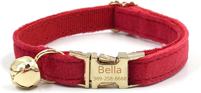 Colorful Velvet Custom Cat Collar, Personalized Cat Collar with Name, Engraved Collar for Small Large Cat Kitten with Bell (Red,L)