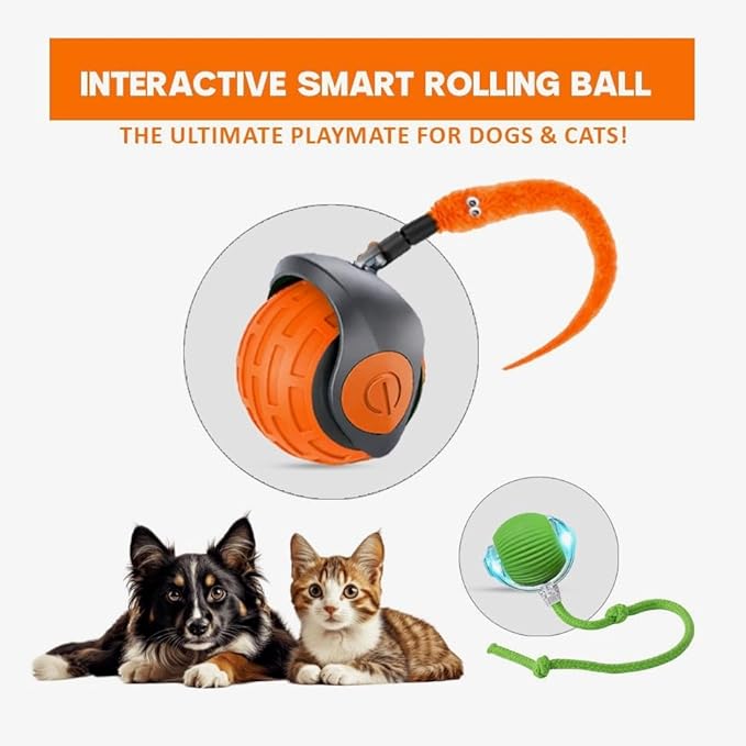 KBLZONE Interactive Cat Ball Toy – Smart Rolling Pet Ball with Obstacle Avoidance, USB Rechargeable, Cord Tail Design – Fun Enrichment Toy for Indoor Cats & Small Dogs (Orange + Green)